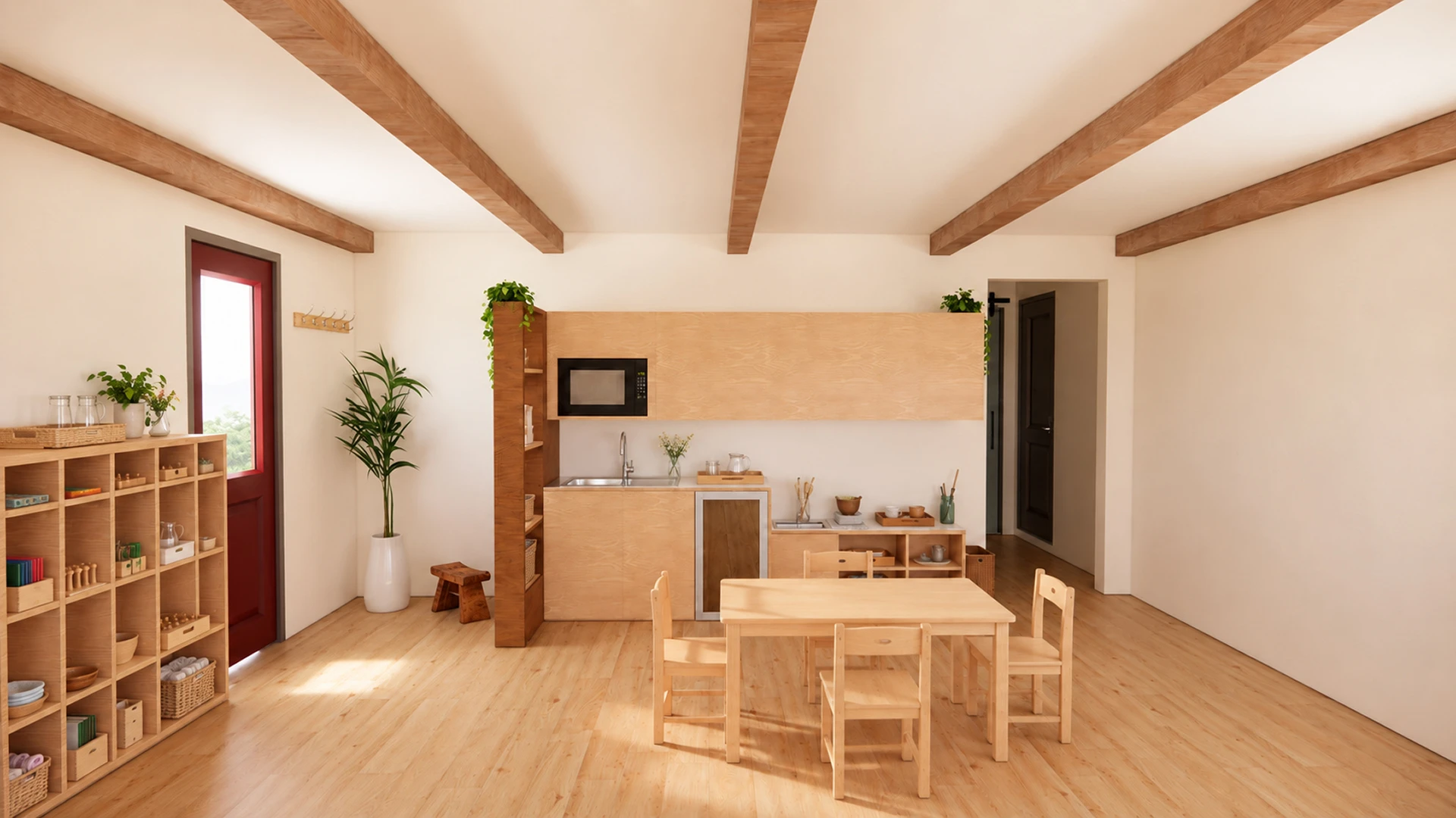 A bright Montessori classroom with low wooden shelves and children’s furniture